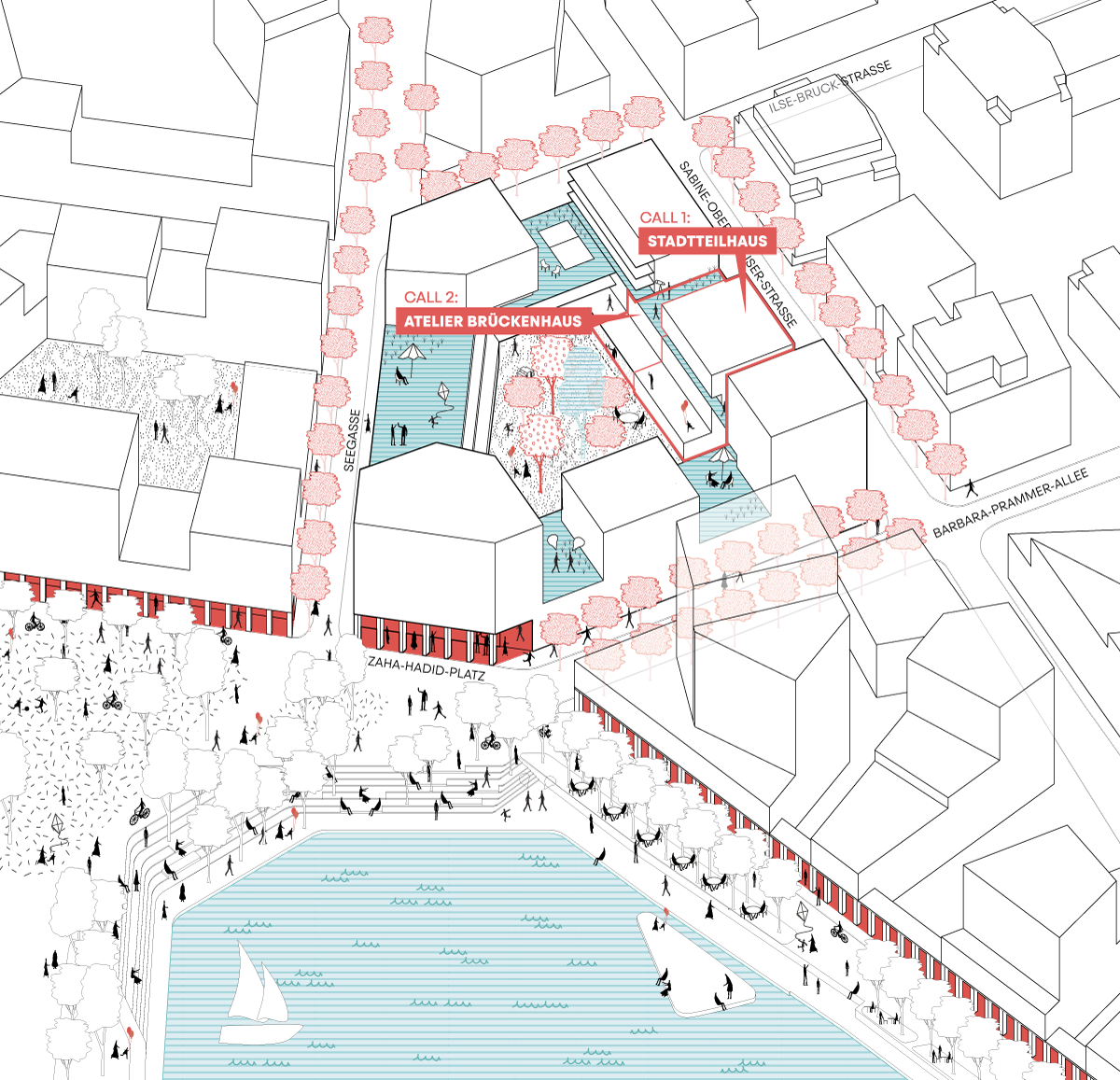 eine Zeichnung der Gebäude in der Seestadt