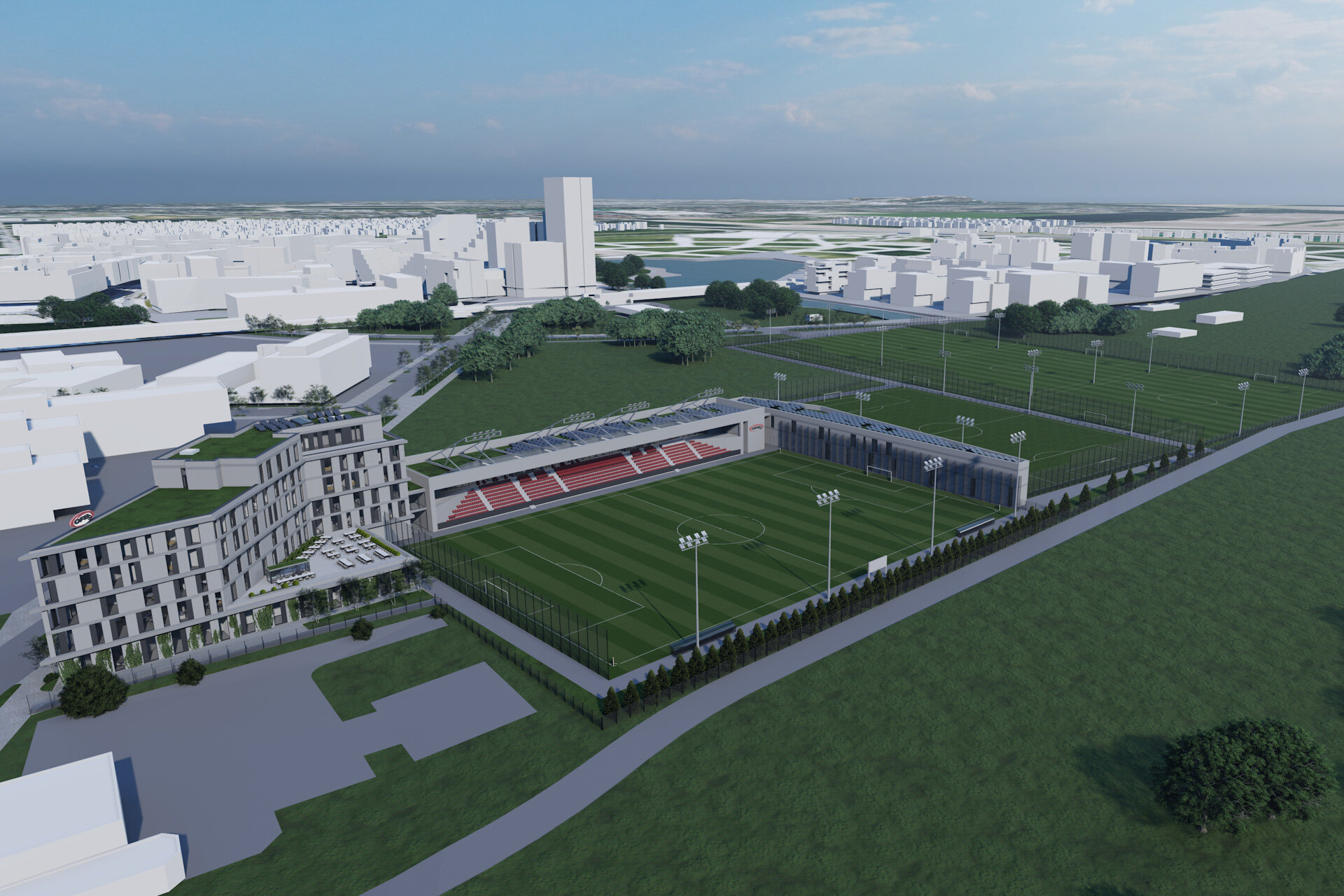 Visualisierung eines Fußballplatzes in urbaner Umgebung.