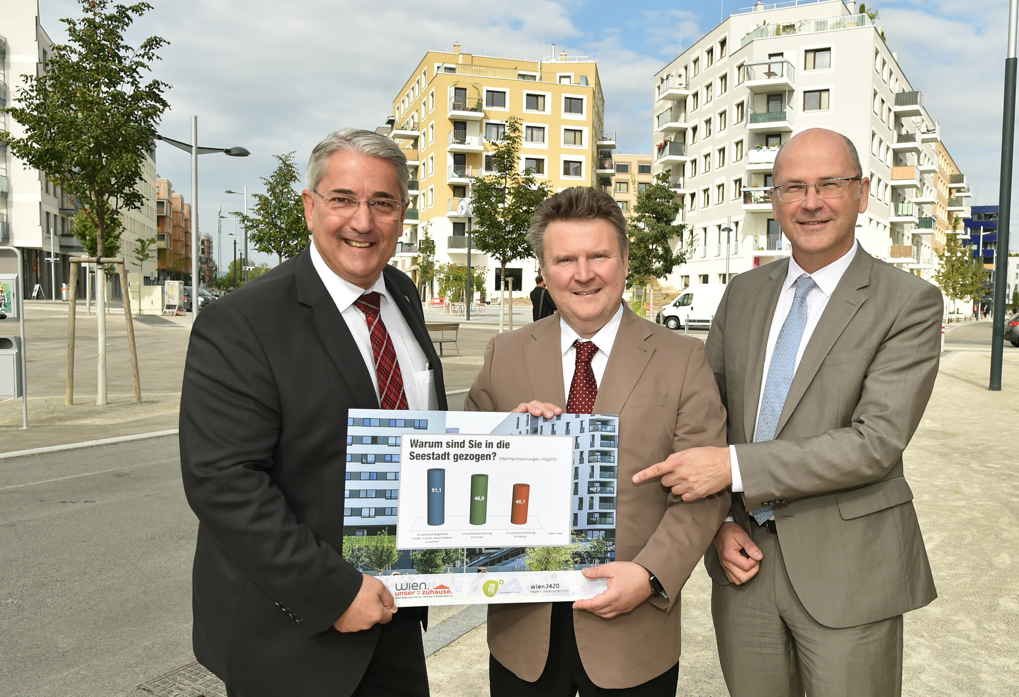 v.l.n.r.: Ernst Nevrivy, Bezirksvorsteher von Wien Donaustadt, Wohnbaustadtrat Michael Ludwig, Heinrich Kugler, Vorstand wien 3420 aspern development AG; © PID - Christian Jobst