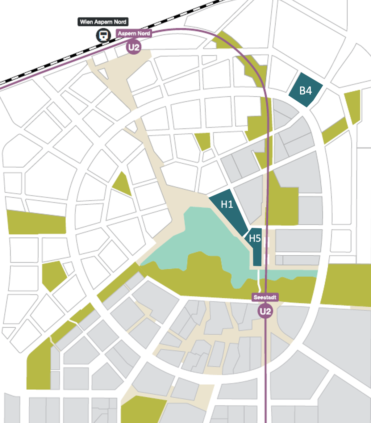 Lageplan der Baufelder Pier 01, Pier 05 und aspern Manufactory (B4)