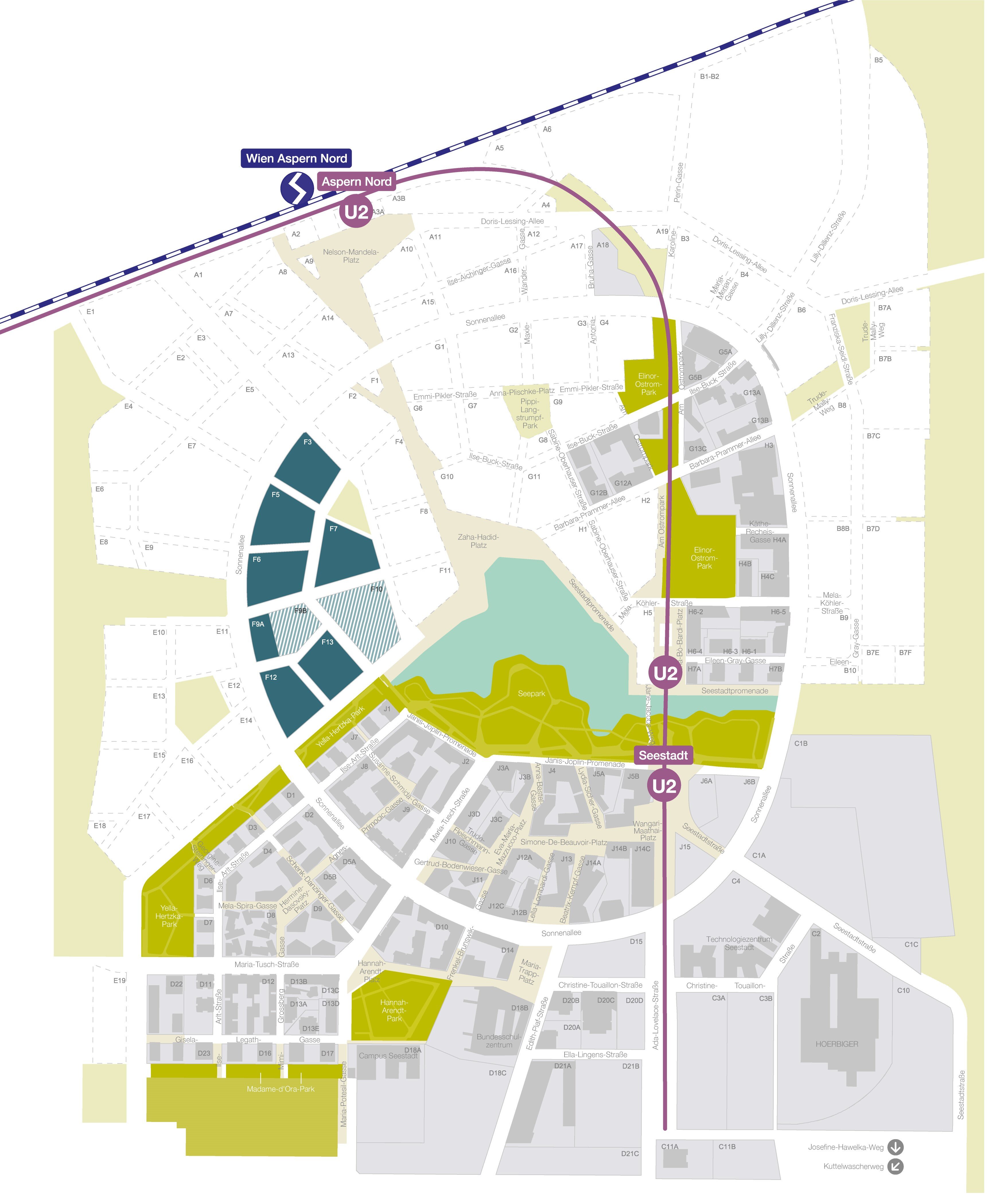 Für zwei Baufelder (im Plan schraffiert) im Quartier Seecarré am Nordwest-Ufer der Seestadt startet ein Bauträger-Wettbewerb mit Fokus auf die altersfreundliche, soziale Stadt, kreislauffähiges Bauen und Klimawandelanpassung.