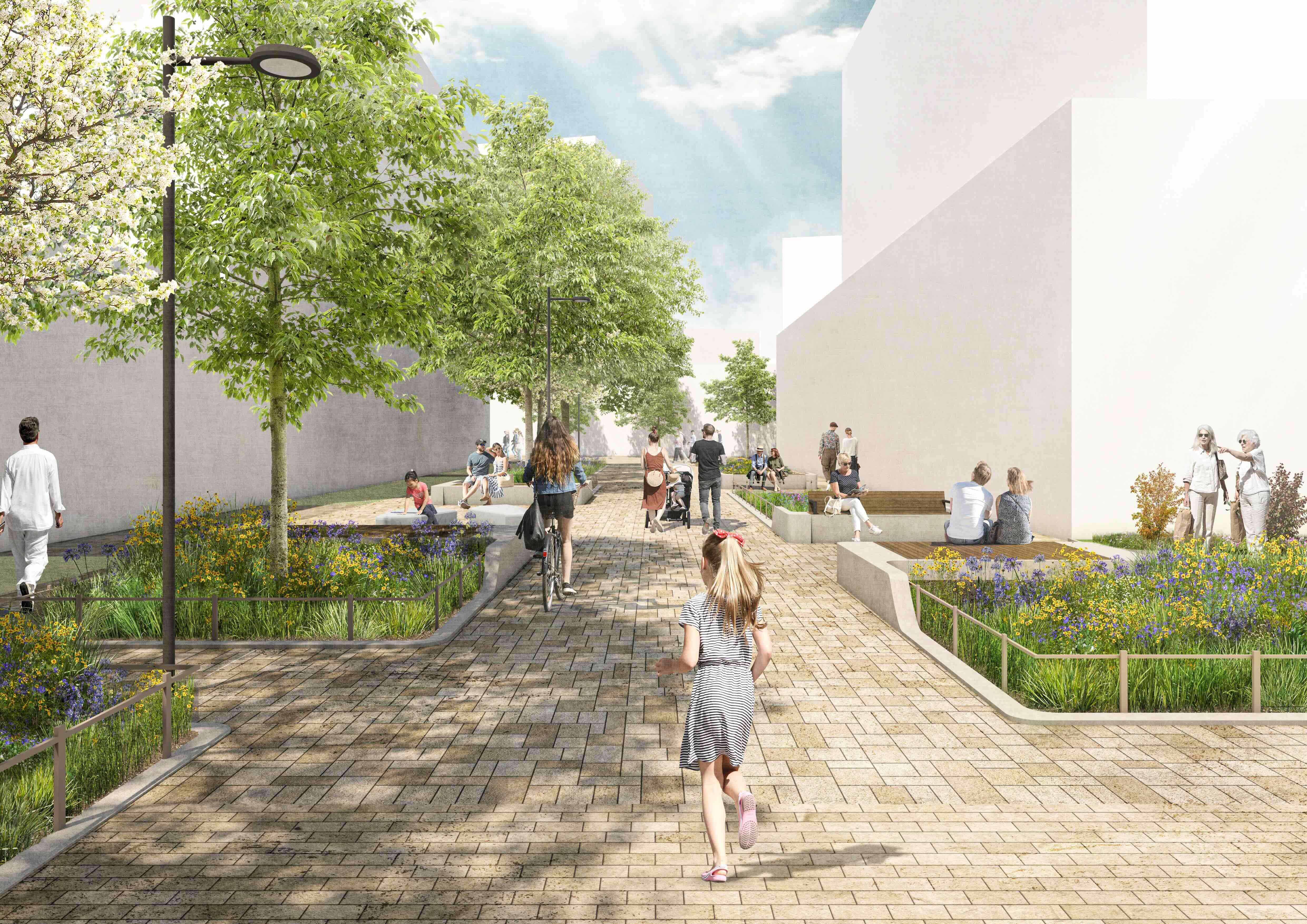 Rendering einer typischen Quartiersstraße im Seecarré