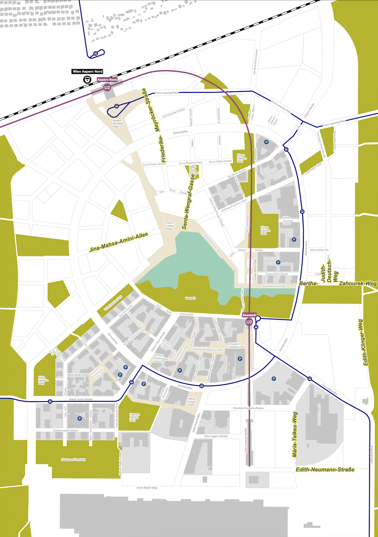 Acht weitere weibliche Straßennamen (in Gelb) schreiben sich zukünftig in den Plan der Seestadt ein.