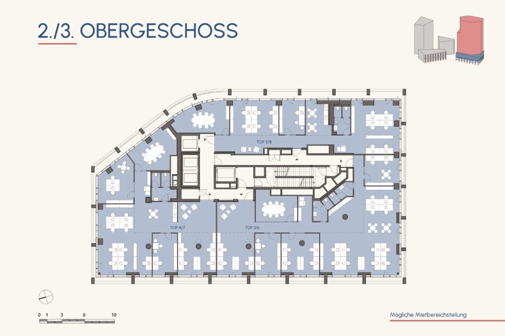 Schematische Darstellung des Grundrisses der Büro und Gewerbeflächen OG2/3 Faro 
