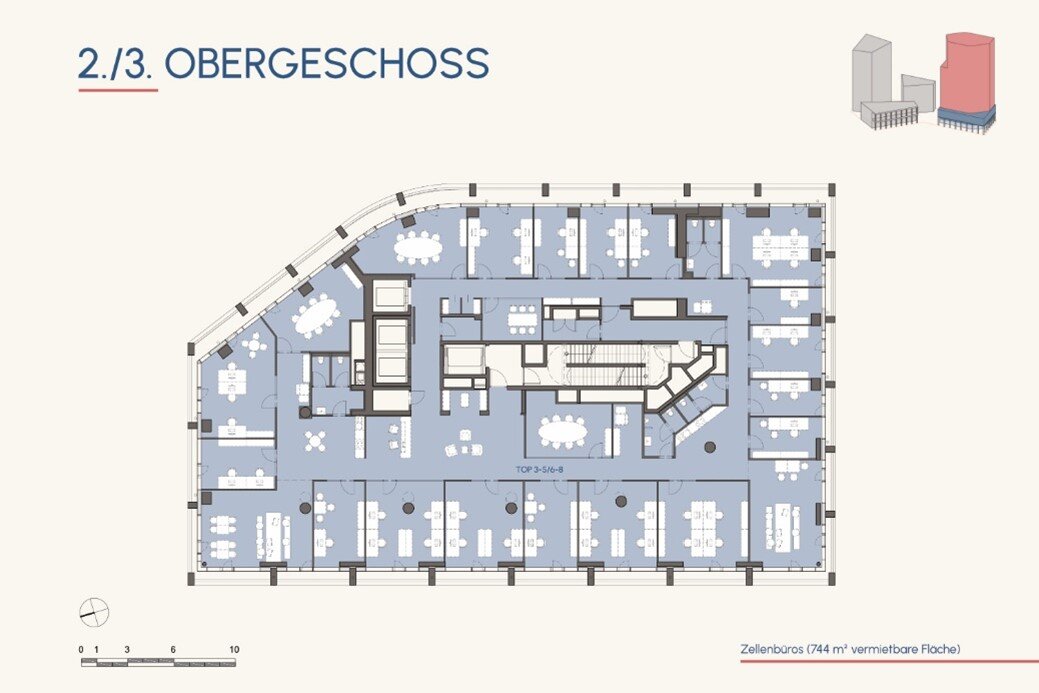 Schematische Darstellung des Grundrisses der Büro und Gewerbeflächen OG2/3 Faro 