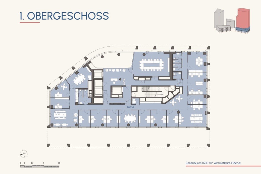 Schematische Darstellung des Grundrisses der Büro und Gewerbeflächen OG1 Faro 
