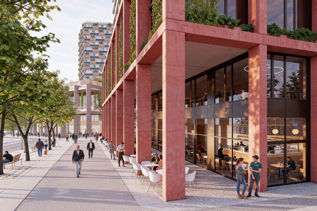 Rendering Arkadengang vor Proejkt Faro, Flanier- und Gastromeile