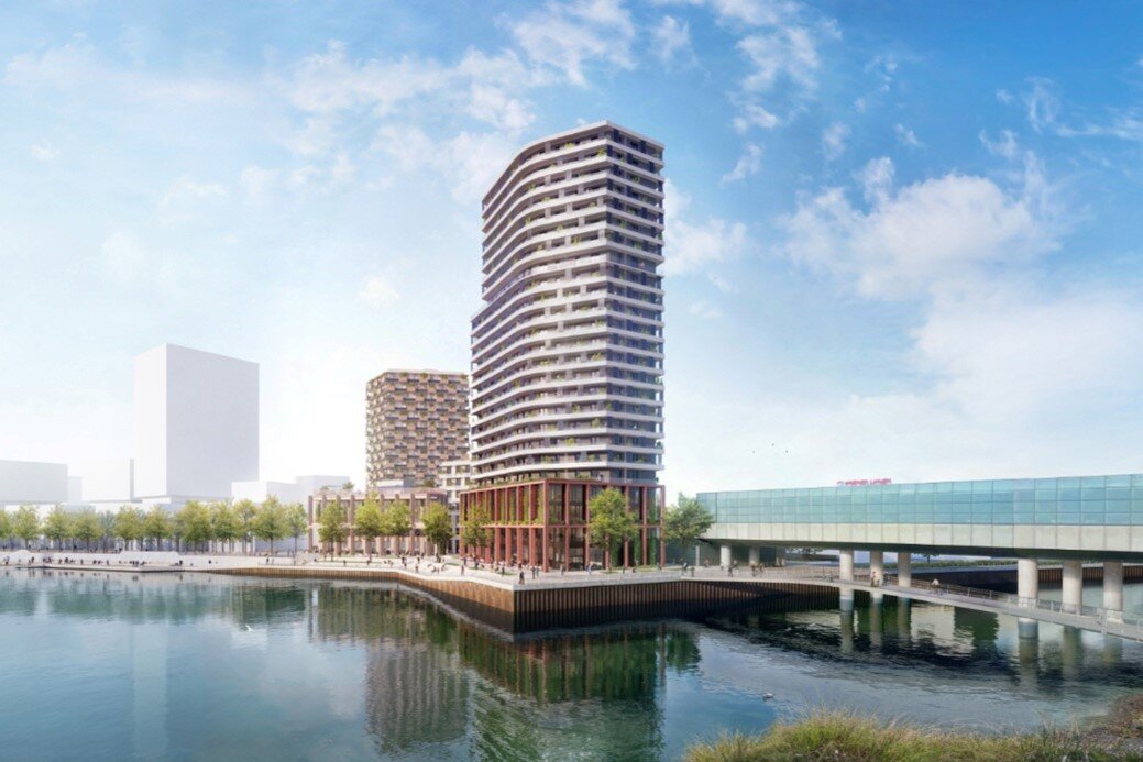 Rendering Gebäudeteil Faro mit See und U-Bahnstation 