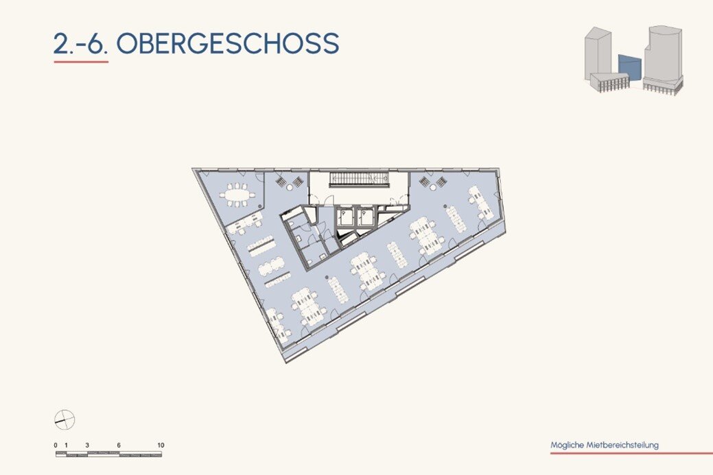 Schematische Darstellung des Grundrisses der Büro und Gewerbeflächen OG2-6 Navis 