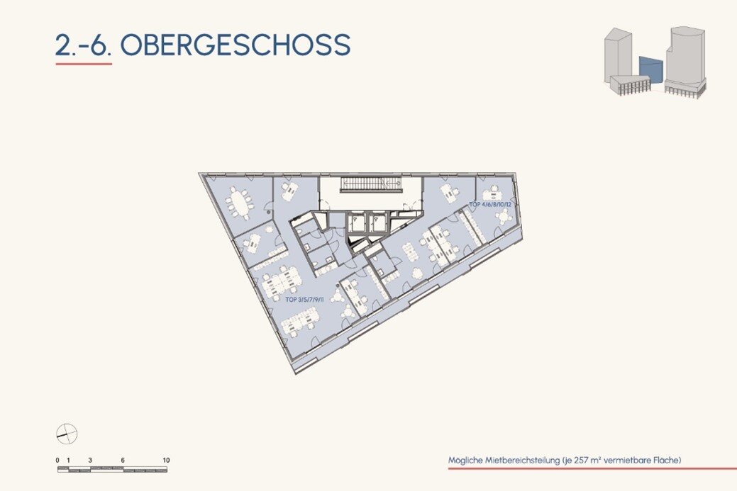 Schematische Darstellung des Grundrisses der Büro und Gewerbeflächen OG2-6 Navis 