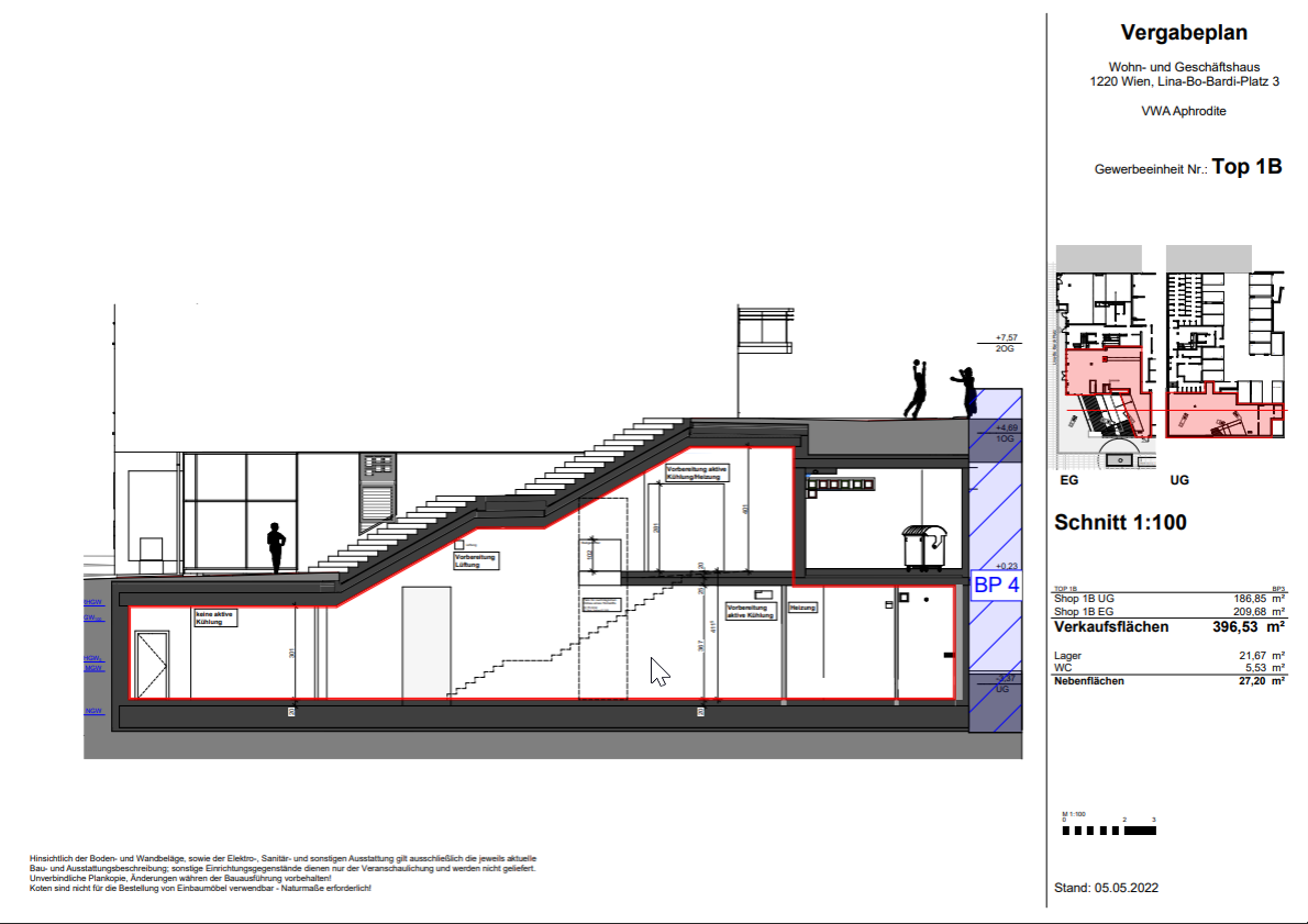 Aufriss  VWA - Aphrodite  Geschäftslokal 422m² davon 209m² EG, 186m² UG und Lager und WC