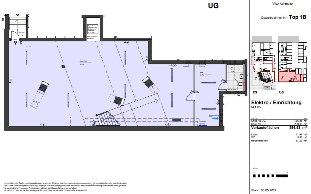 Grundriss UG (VWA - Aphrodite  Geschäftslokal 422m² davon 209m² EG, 186m² UG und Lager und WC)