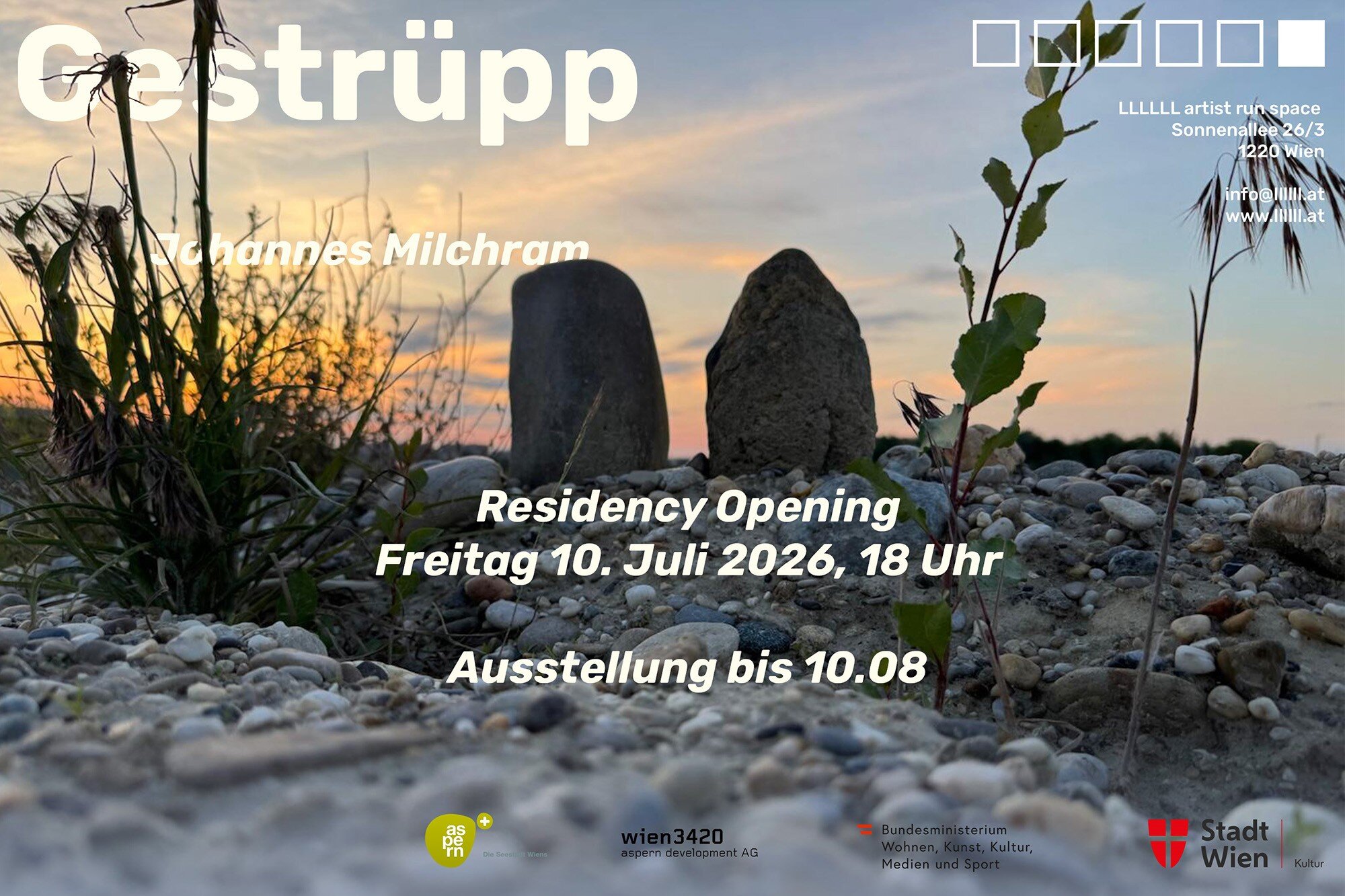 Plakat zur Eröffnung der Ausstellung "Gestrüpp" von Johannes Milchram