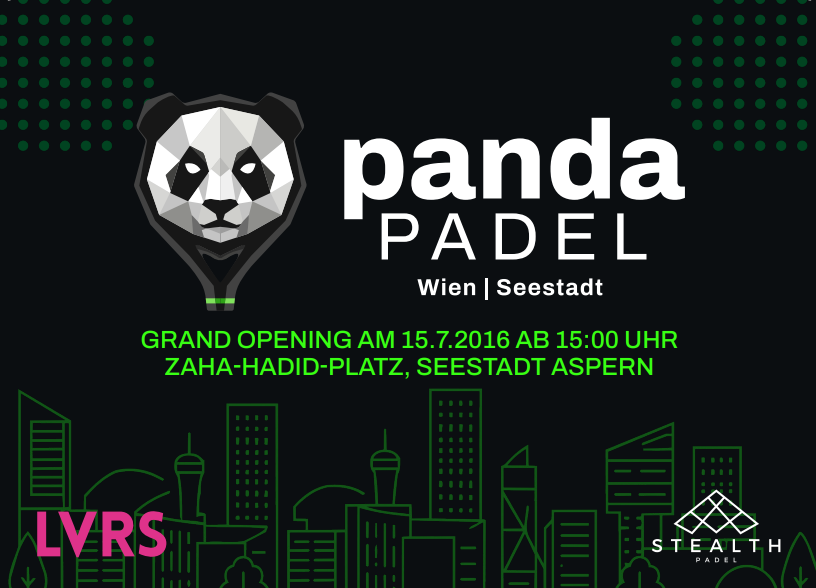 Plakat zum Grand Opening von Panda Padel am DOCK Seestadt, schwarzer Hintergrund, gezeichneter Pandabär und eine gezeichnete Skyline in neongrün