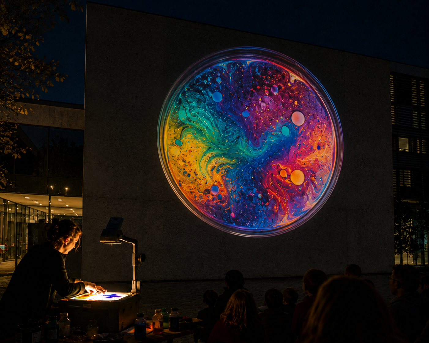 KI-generiertes Bild von einer farbigen Lichtprojektion mit einem Overheadprojektor an eine Hauswand