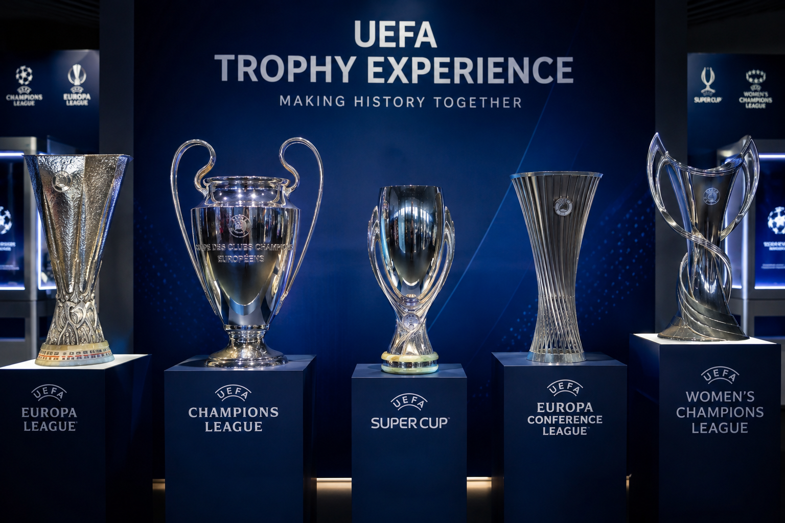 Bild der UEFA-Trophäen als Ausstellung 