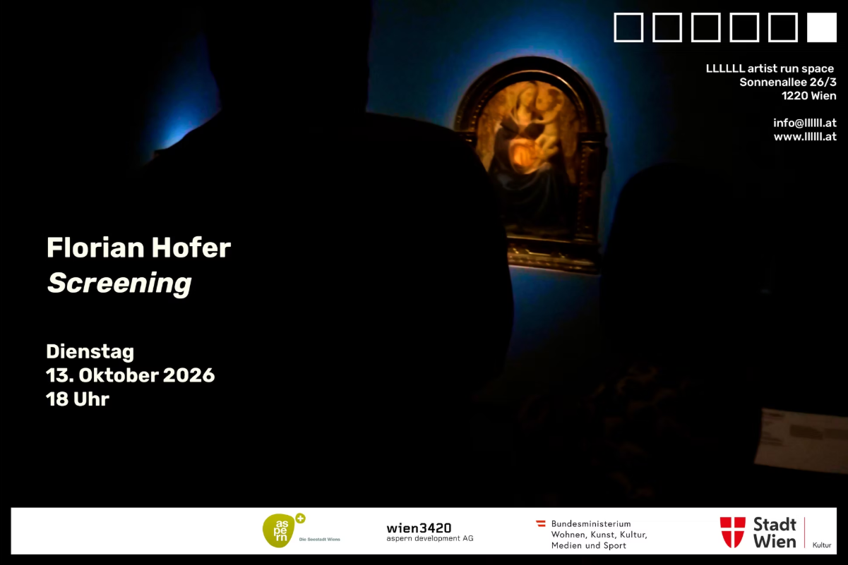 Plakat zum Screening von Florian Hofer, der Hintergrund zeigt einen dunklen fotografierten Raum, ein Mensch ist als Schatten zu erkennen, der vor einem beleuchteten Bild von der Madonna mit Kind steht