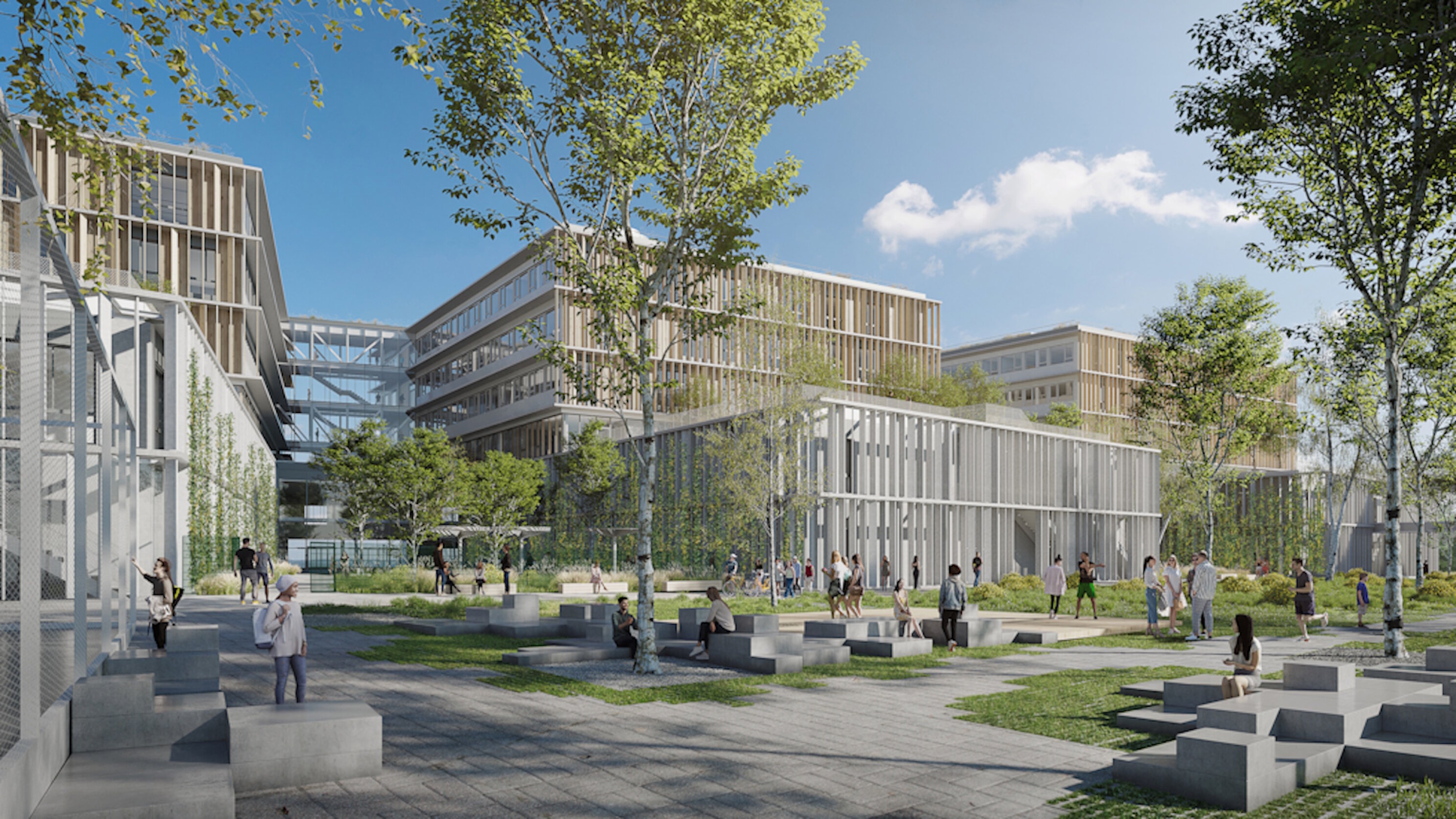 Visualisierung der Zentralberufsschule: helle Gebäude mit Lamellenfassade, davor ein Platz mit Sitzstufen und Birken