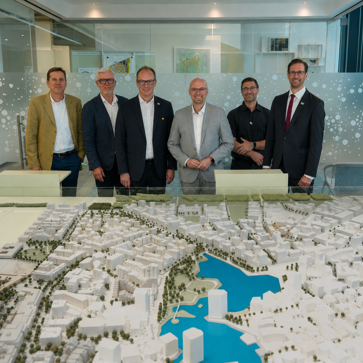 Gruppenfoto von sechs Männern vor dem Stadtmodell der Seestadt. Im Mittelpunkt steht der Austausch zu nachhaltiger Stadtentwicklung, Digitalisierung und Smart-City-Lösungen.