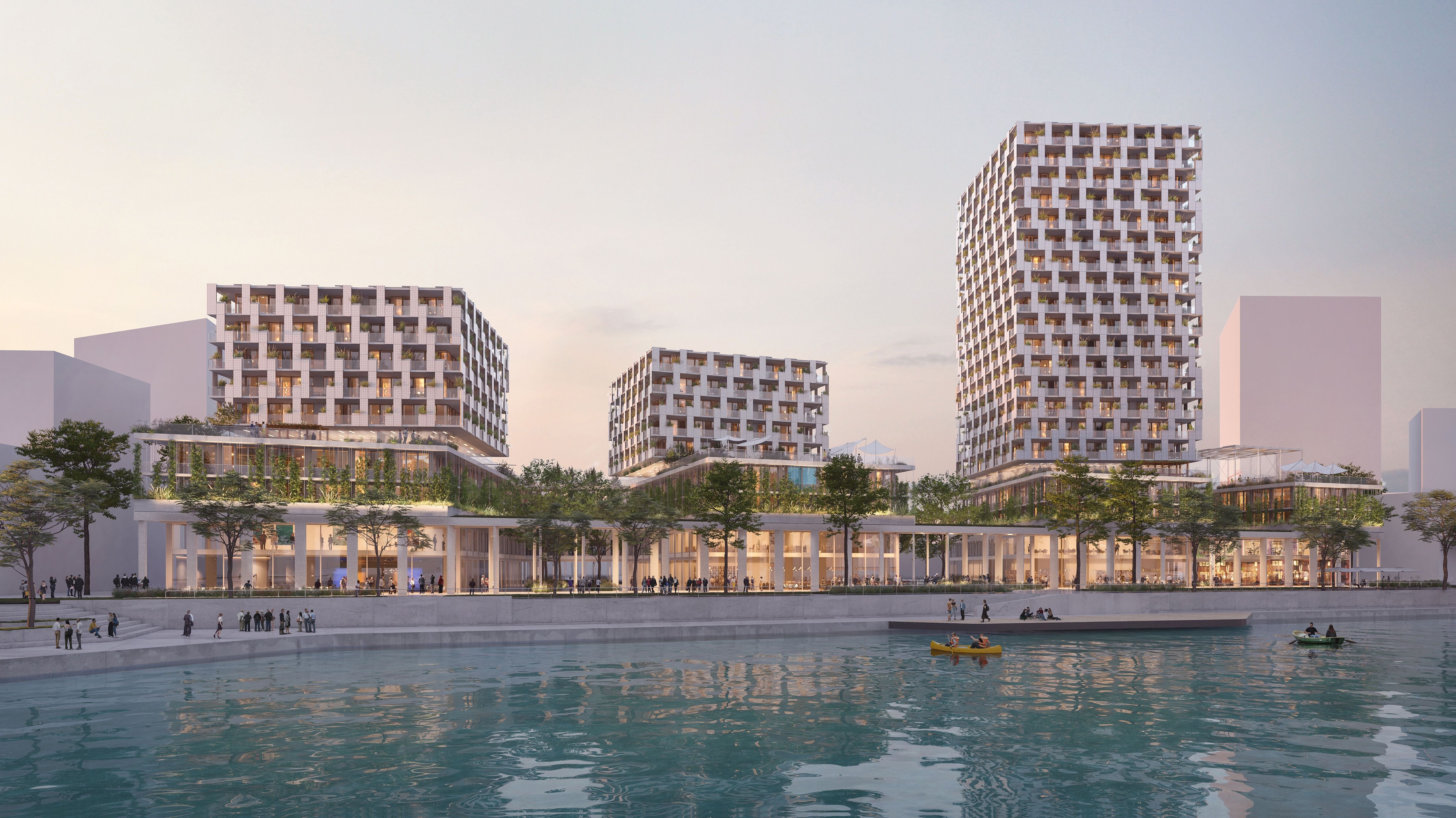 Rendering eines Zeitgenössischen Wohnquartiers am Flussufer mit beleuchteten Fassaden, Promenade und Freizeitnutzung am Wasser