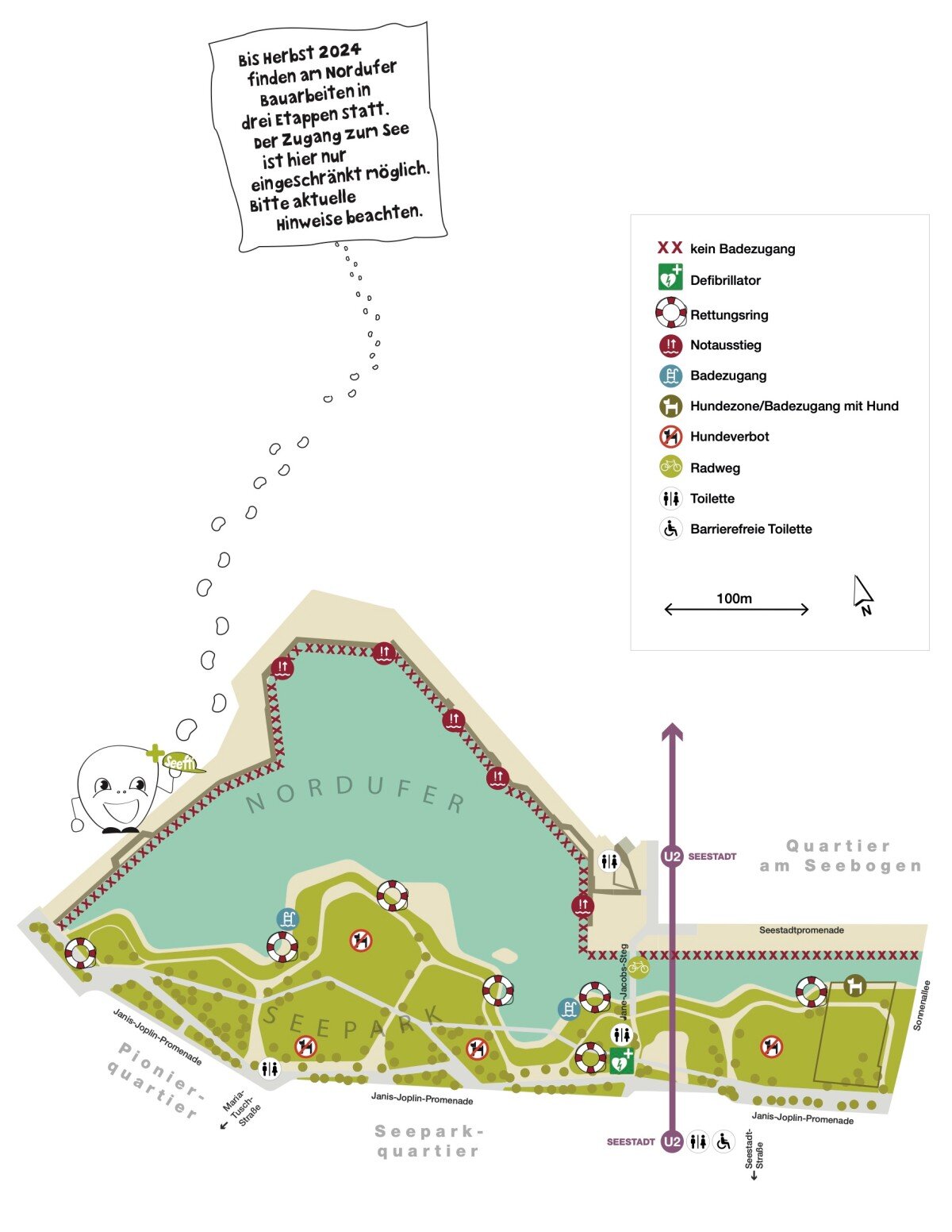 Karte vom Seepark mit Nordufer und Legendenbeschreibung. 