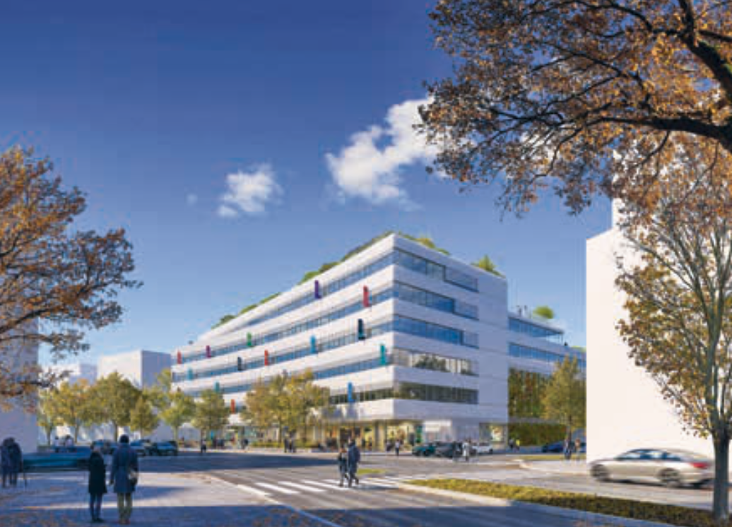 Rendering eines weißen Gebäudes in urbaner Umgebung.