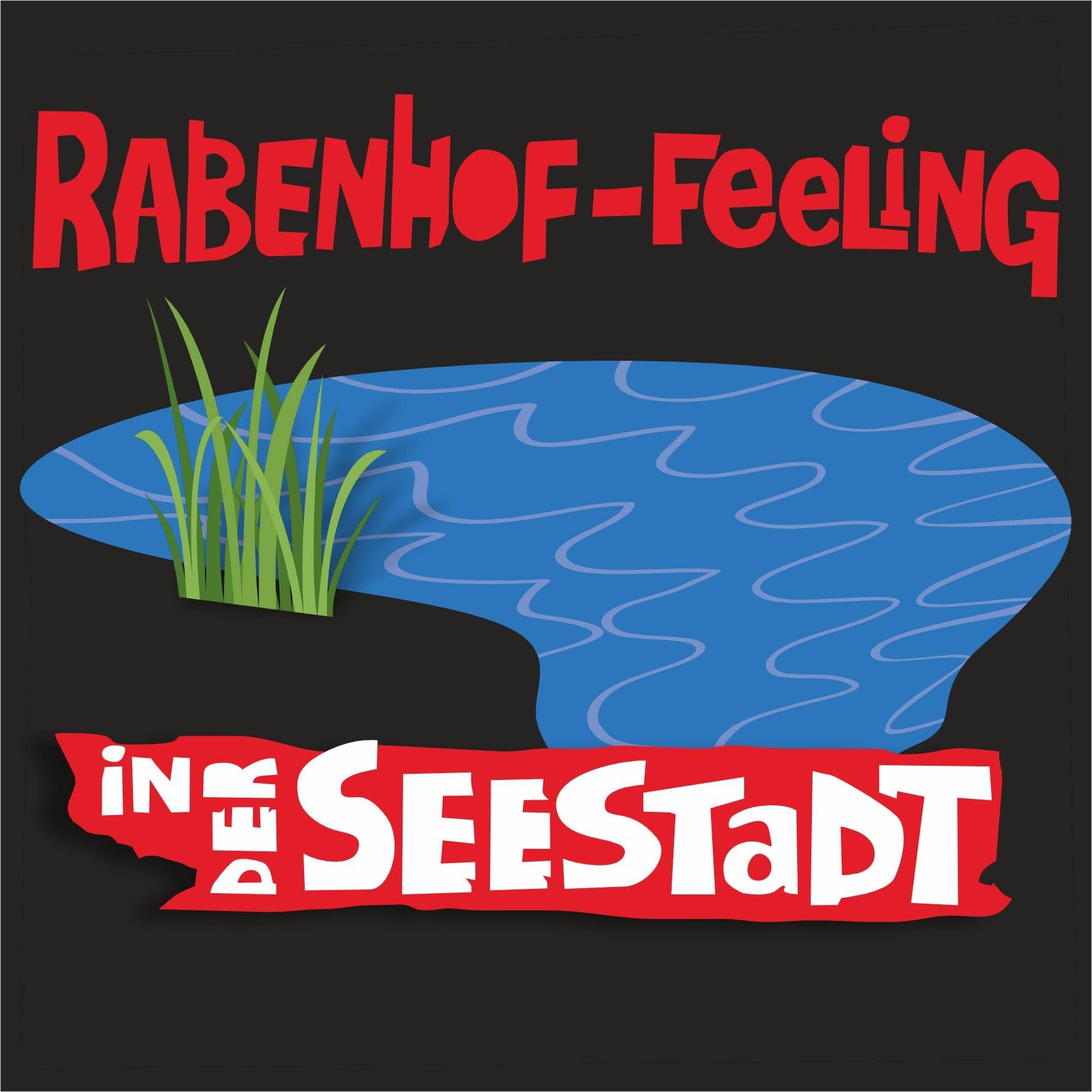 Illustration von einem See und Gras mit Schriftzug.