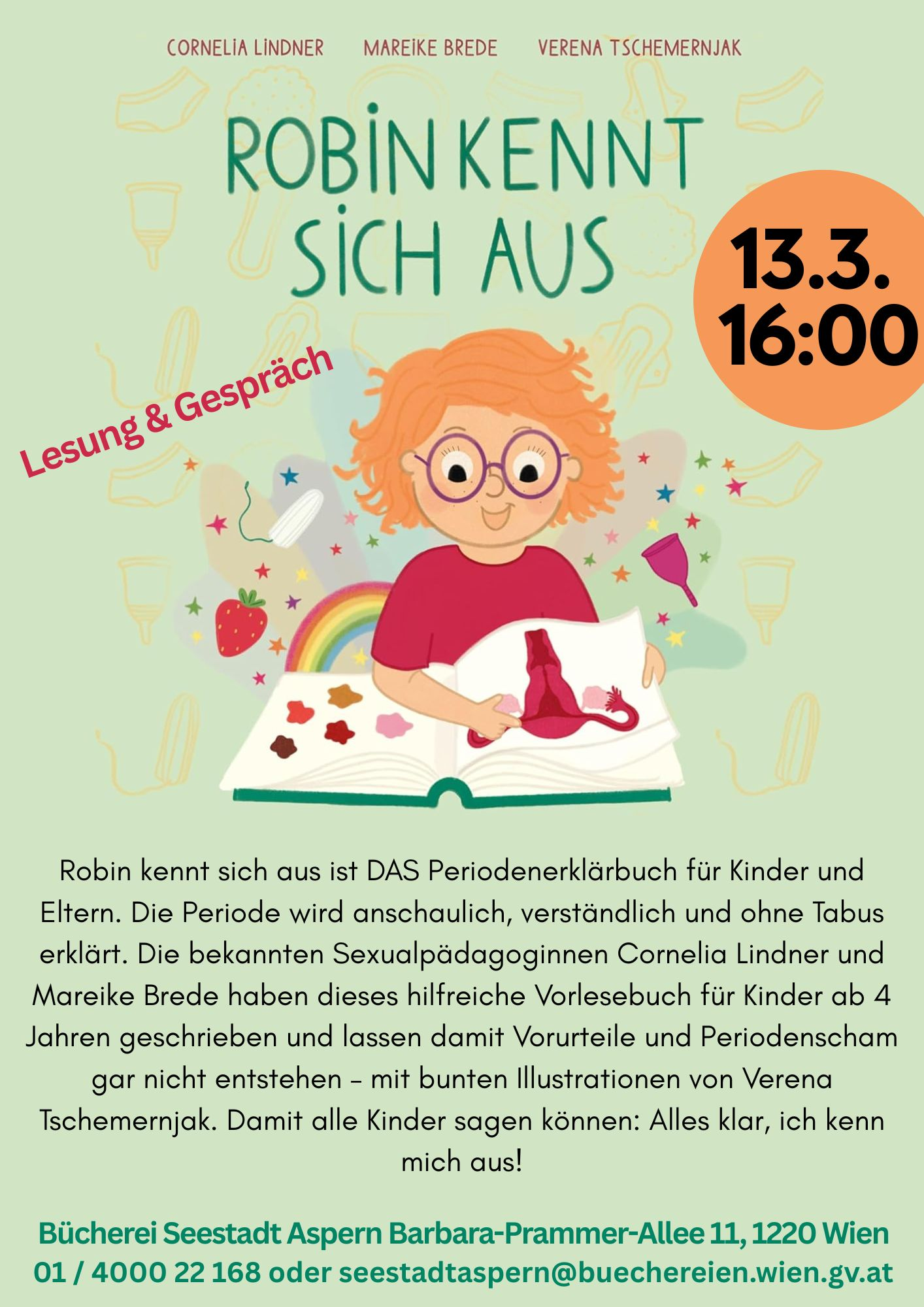 Plakat zur Veranstaltung mit gezeichnetem Kind mit lockig-rotem Haar und Brille, gelehnt über einem offenen Buch