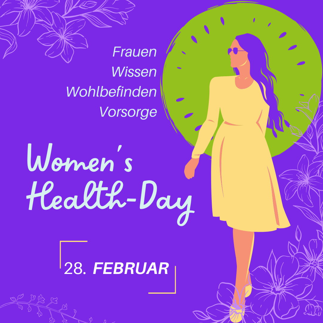 Plakat zum Women's Health Day mit lilafarbenem Hintergrund, lilafarben illustrierten Blumenmuster und einer Illustration einer Frau mit Sonnenbrille und Kleid vor einem grünen Kreis. 