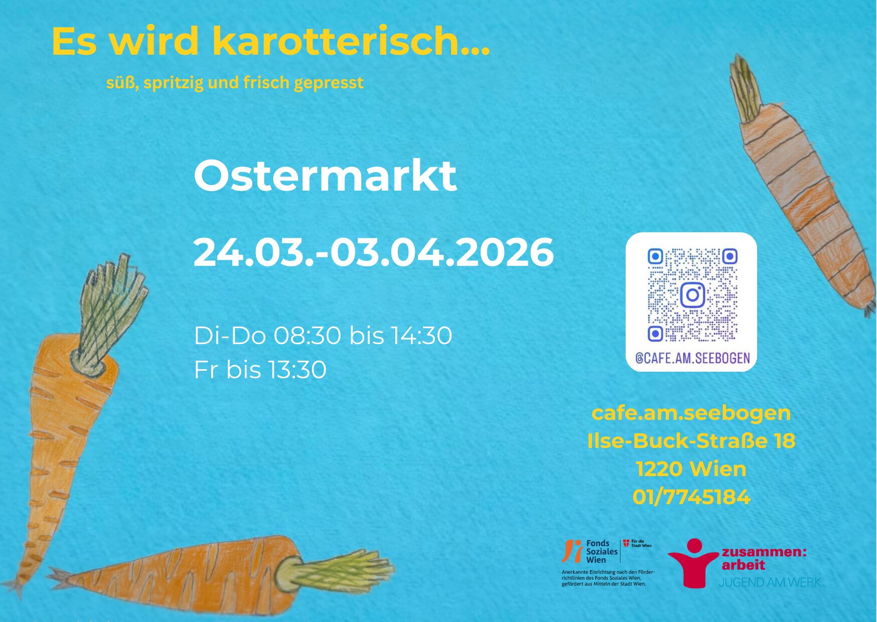 Plakat zum Karotten-Ostermarkt mit gezeichneten Karotten auf blauem Hintergrund