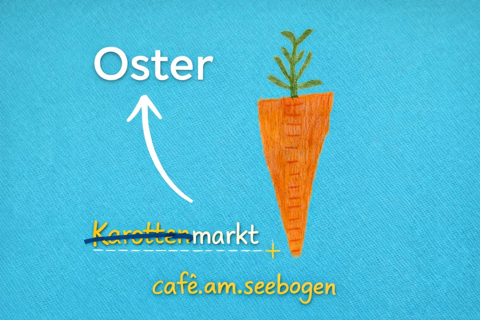 große gezeichnete Karotte mit dem Wort Karottenmarkt, Karotte ist durchgestrichen und ein Pfeil zeigt zum Wort Oster