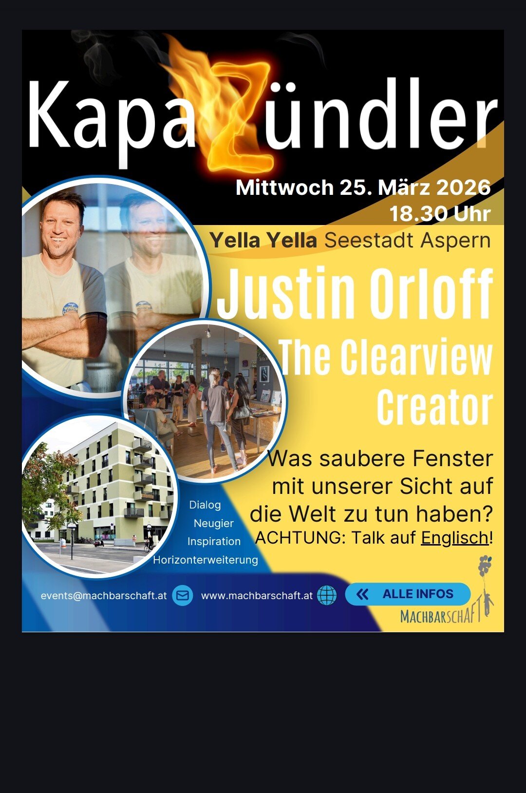 Plakat zum Event Kapazündler mit Justin Orloff im Yella Yella, mit Bildern des Vortragenden und einem Haus. 