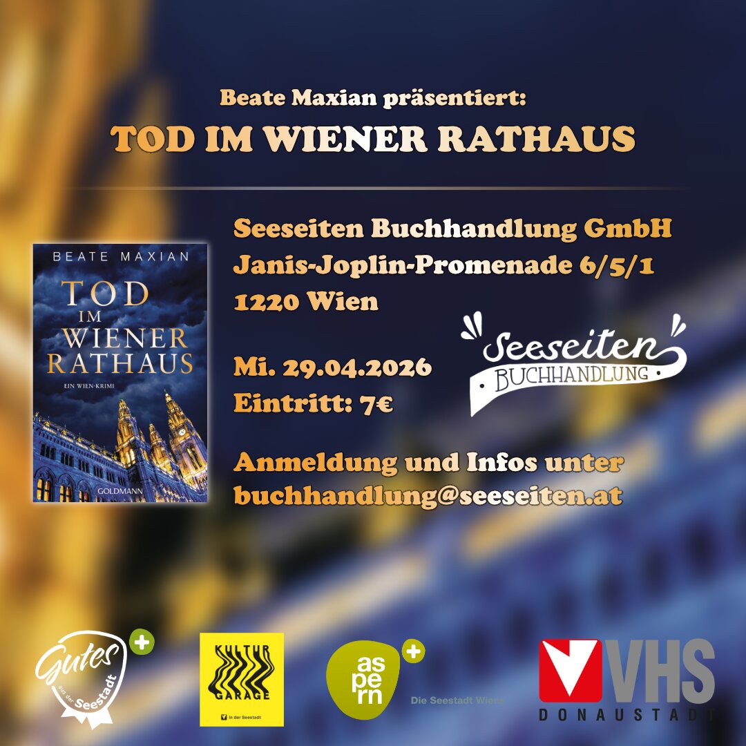 Plakat zur Lesung mit Beate Maxian: Informationen auf dunklem Hintergrund mit Buchcover