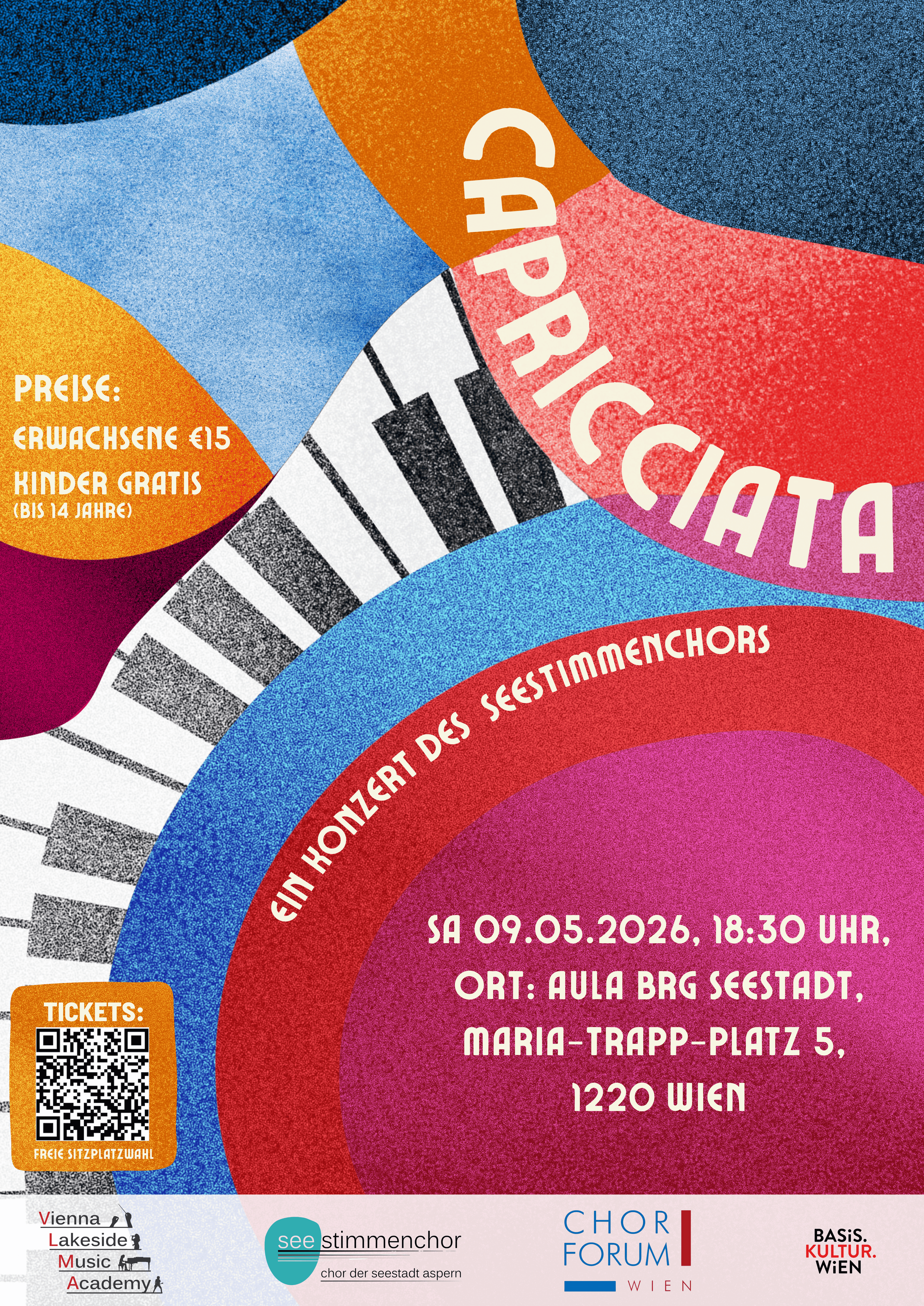 gezeichnetes Plakat mit Formen in bunten Farben, Informationen zum Konzert des Seestadtchors