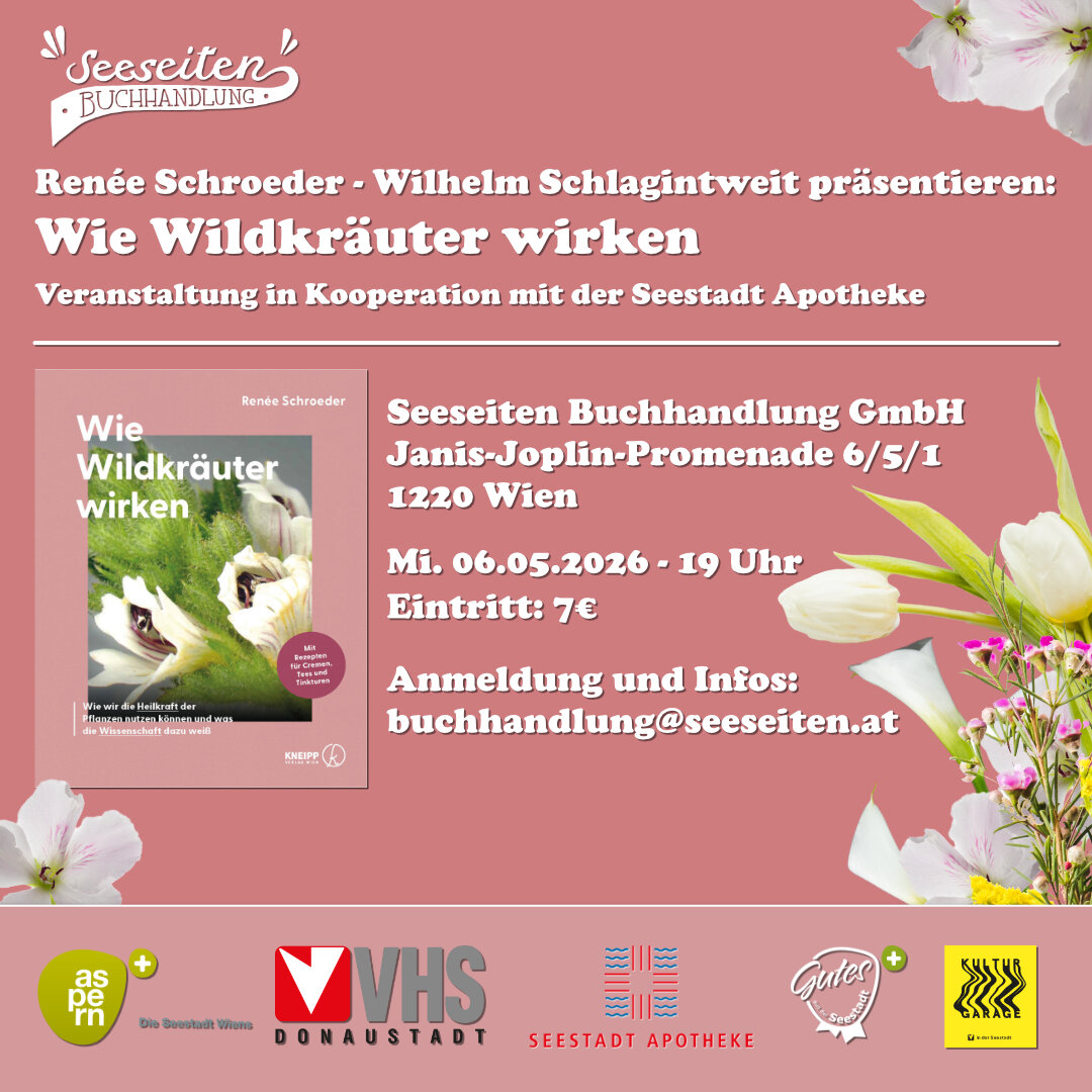 Plakat zur Veranstaltung "Wie Wildkräuter wirken". Rosafarbener Hintergrund mit Buchcover und weißer Schrift mit allen Informationen zur  Veranstaltung