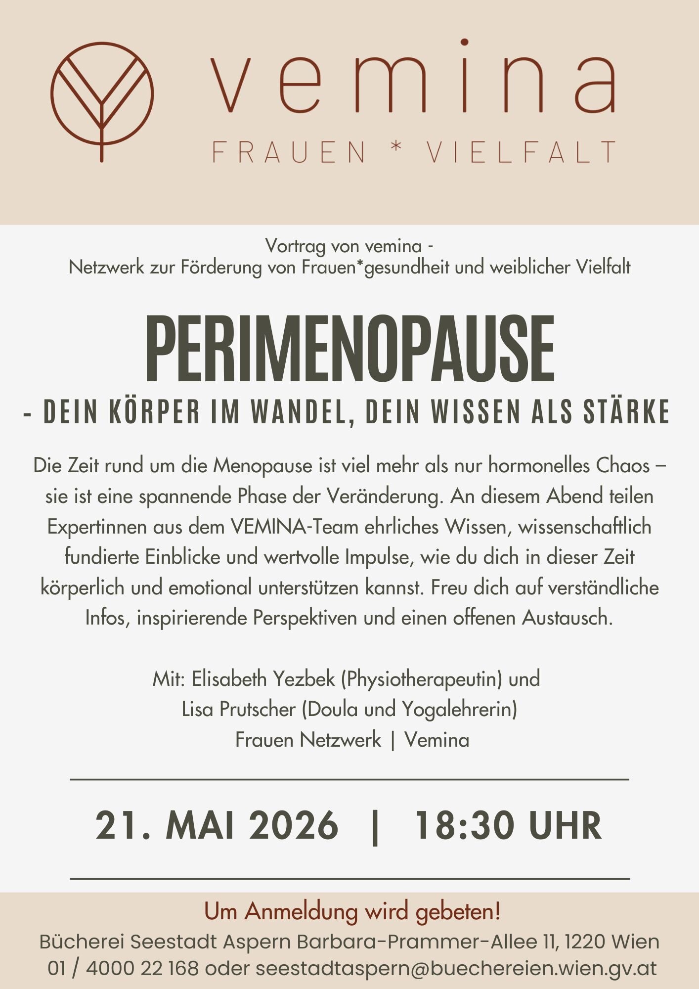 Plakat zur Veranstaltung Perimenopause: Dein Körper im Wandel, dein Wissen als Stärke. Heller Hintergrund, schwarze Schrift