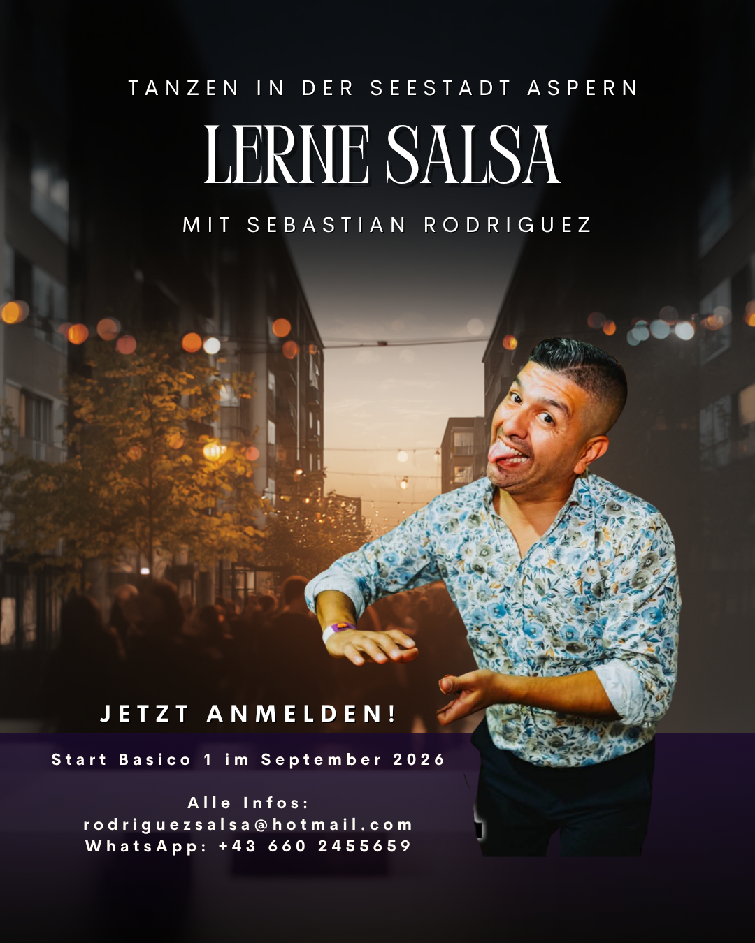 Plakat mit allen Informationen zum Salsa Kurs Basic I. Neben den Informationen ist ein Mann mit Hemd zu sehen, der trommelt