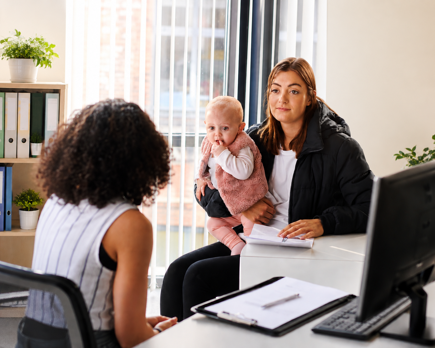 Frau mit Baby auf dem Arm ist in einem Gespräch mit einer Beraterin, die vor einem Computer sitzt