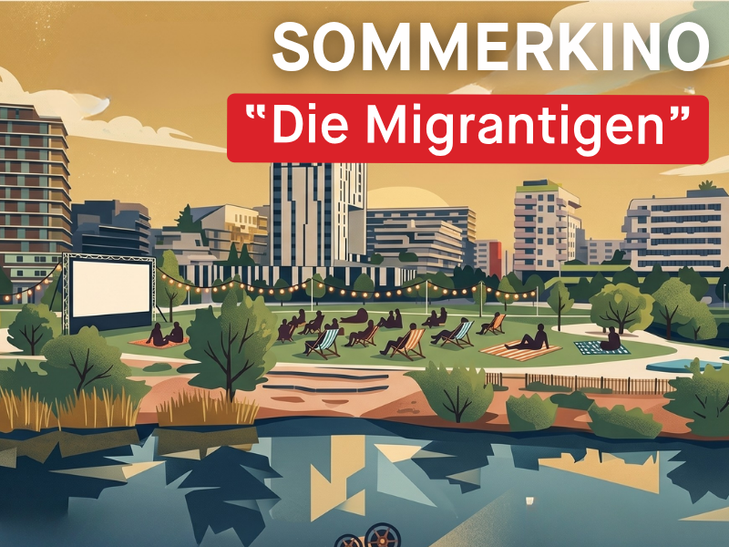 KI-generiertes Bild, das gezeichnete Menschen in Liegestühlen sitzend vor einer Kinoleinwand in einem Seepark darstellt