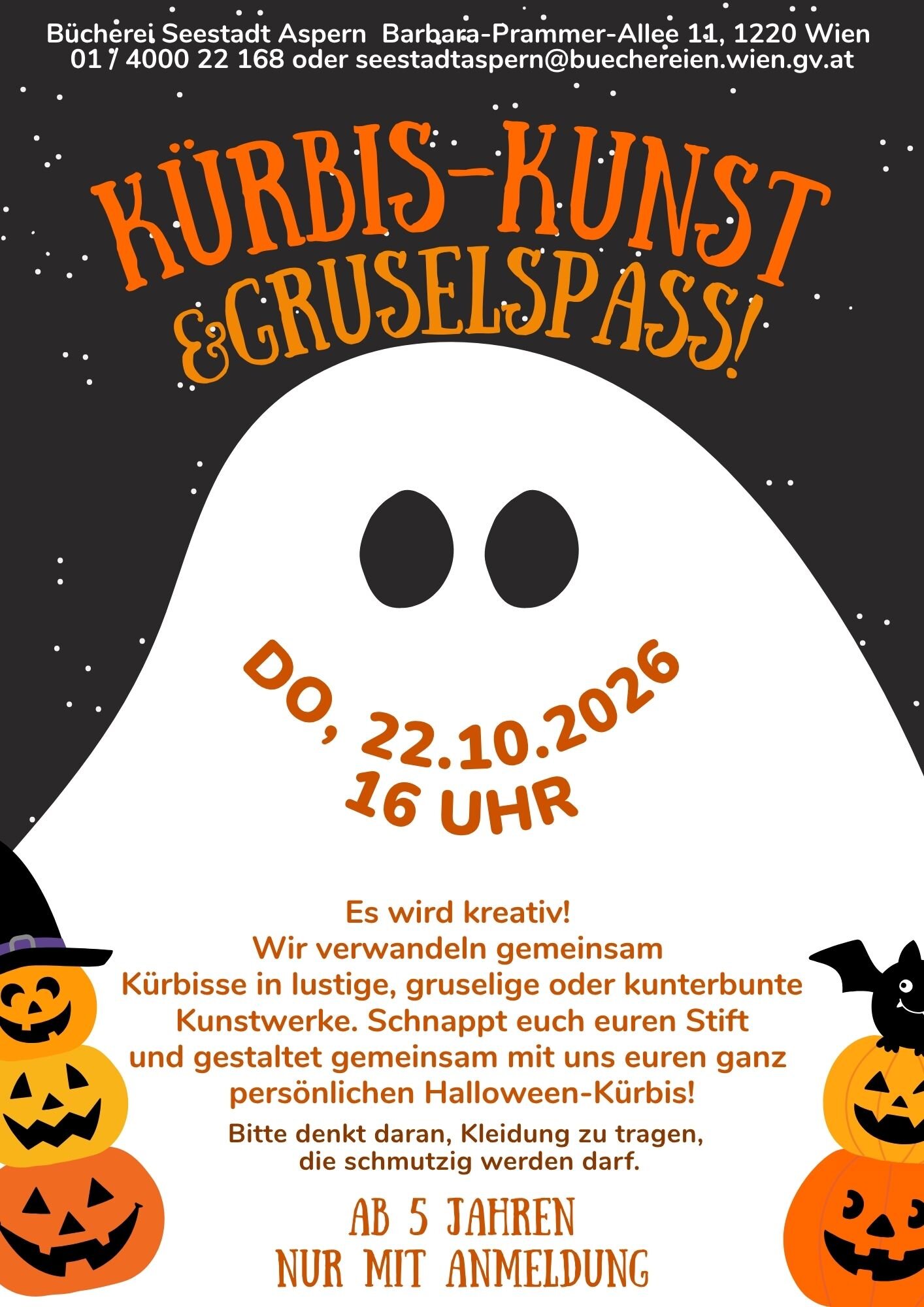 Plakat zum Kürbis-Grusel-Spaß in der Bücherei Seestadt Aspern 