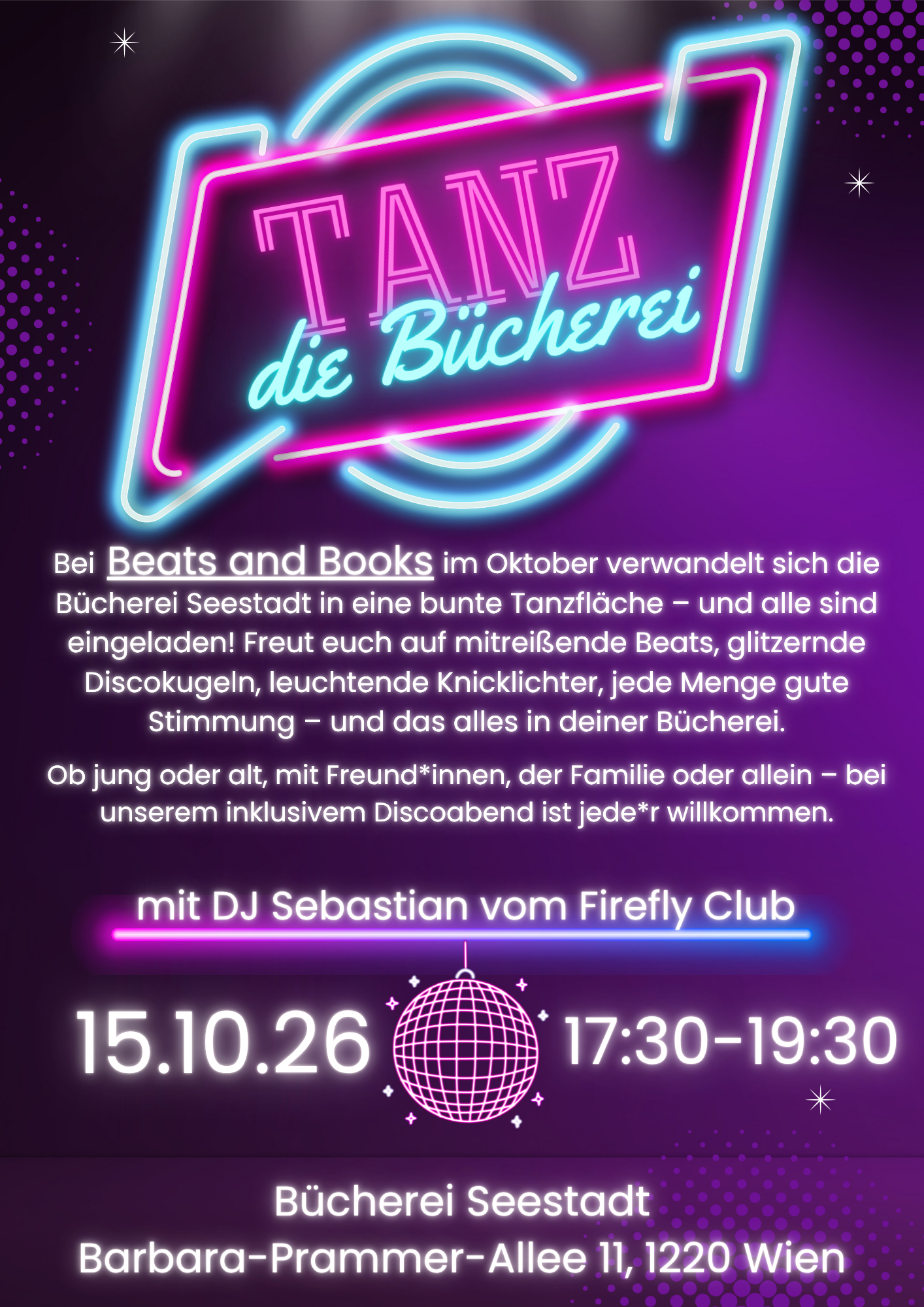 Plakat zur Veranstaltung "Tanz die Bücherei" in der Bücherei Seestadt Aspern 