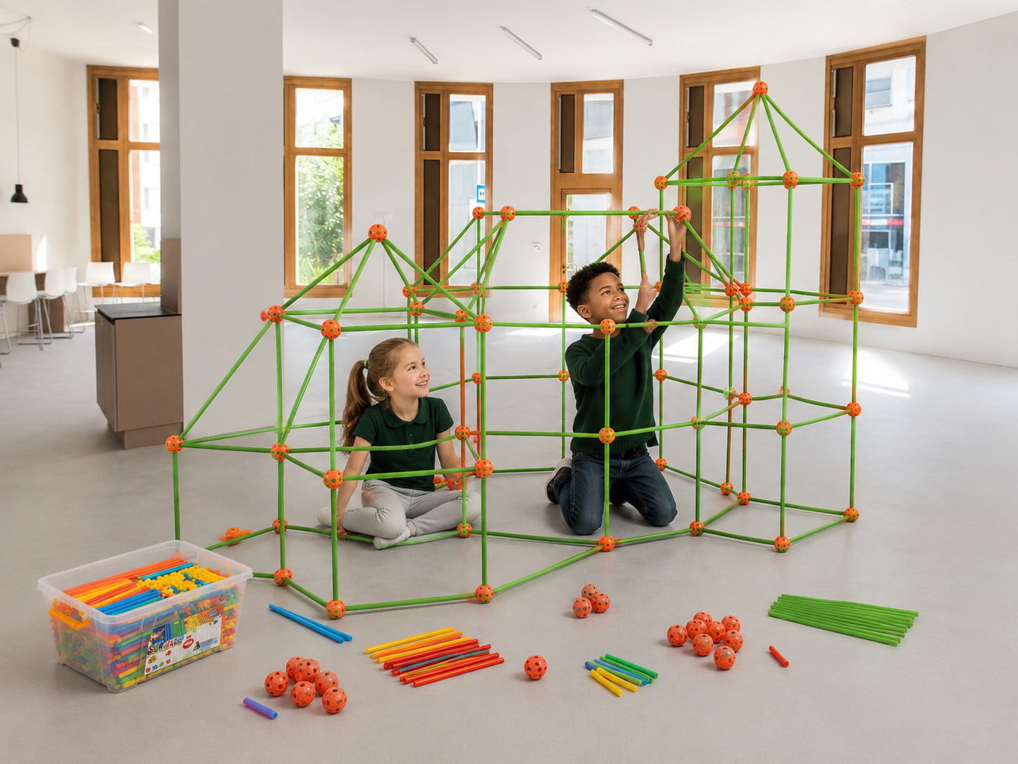 zwei Kinder bauen aus Stangen und Ecken ein Haus 