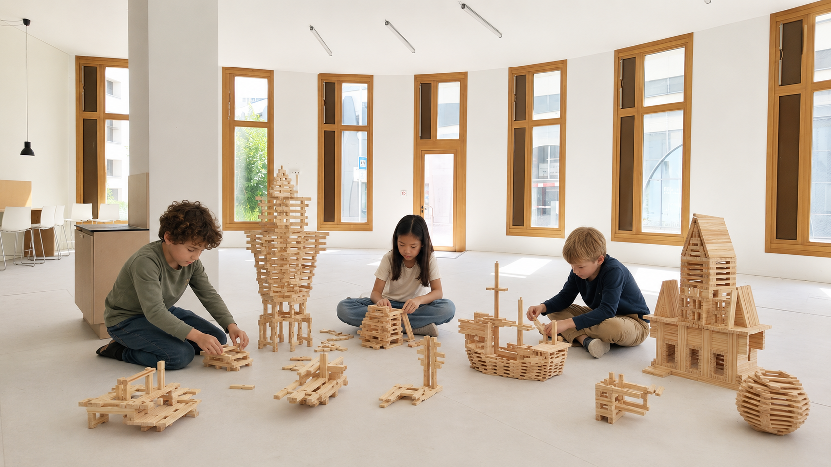 drei Kinder sitzen am Boden und spielen mit Bausteinen, sie bauen verschiedene Objekte, wie Häuser, Boote 