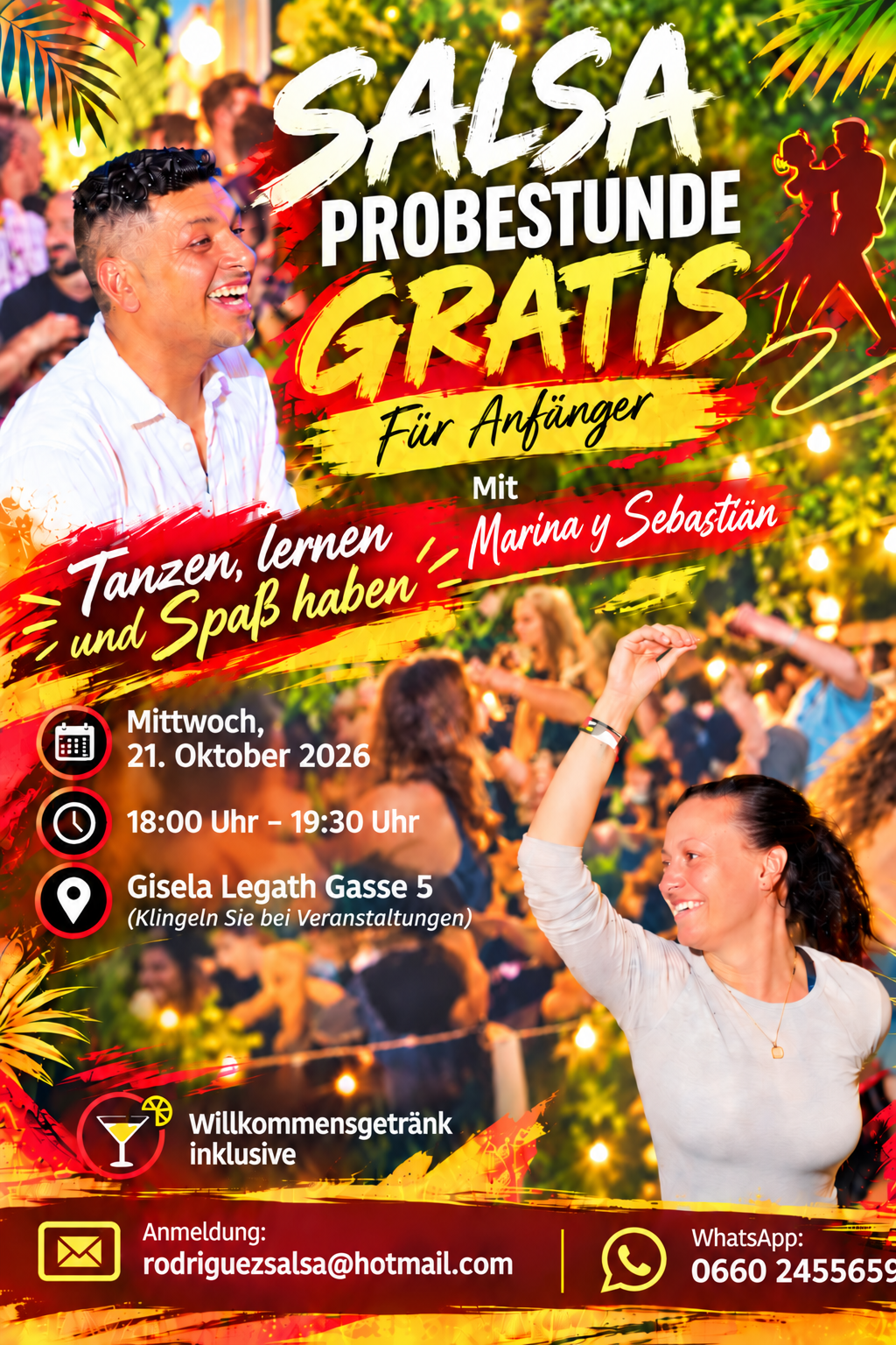 Plakat für die Salsa Probestunde am 21. Oktober