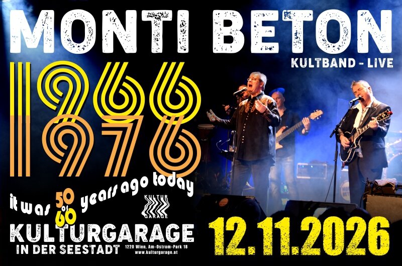 Plakat zum Auftritt 1966-1978 von der Band Monti Beton mit allen Veranstaltungsdetails