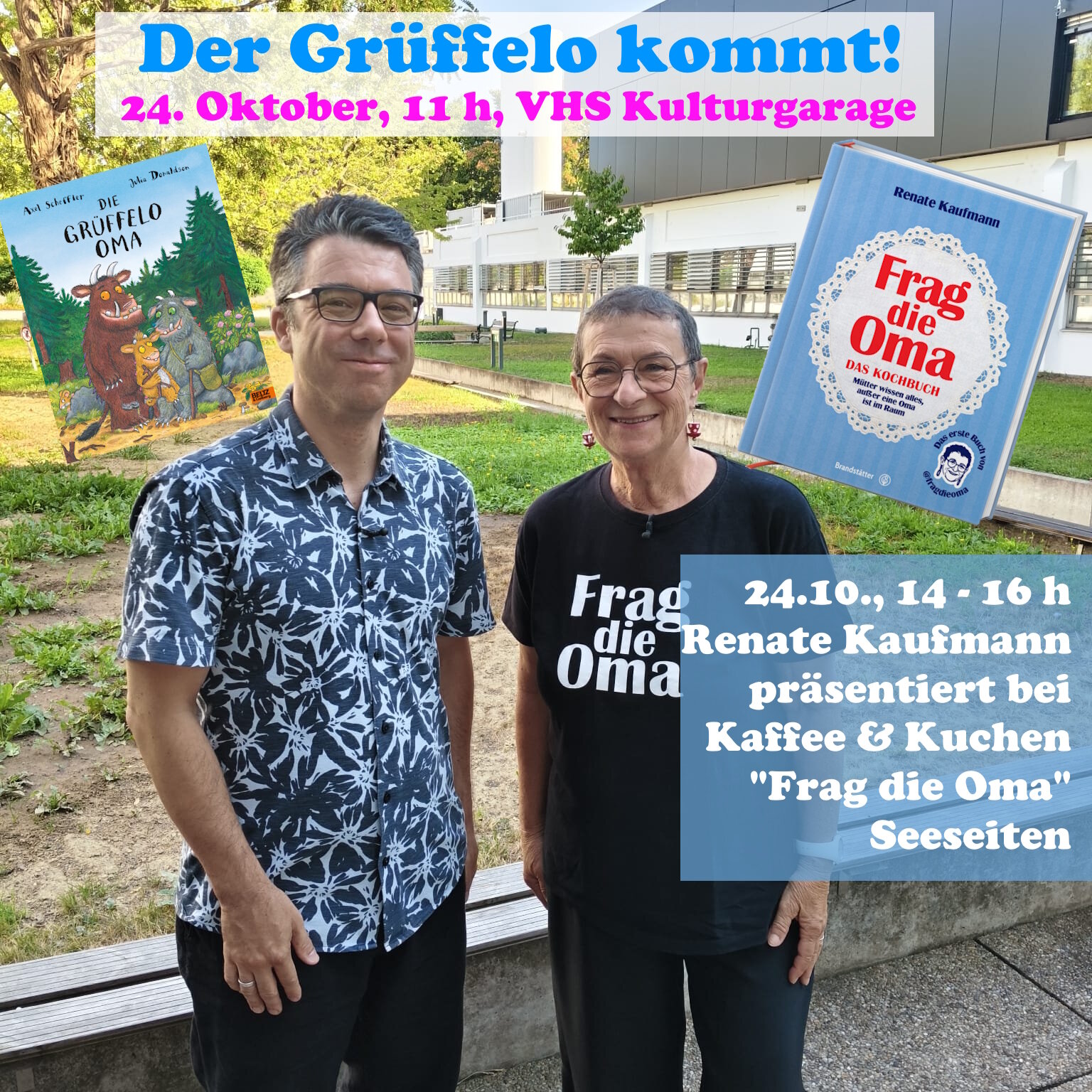 Buchhändler Johannes Kößler mit Autorin Renate Kauffmann und ihre beiden Bücher Grüfello Oma und Frag die Oma. 