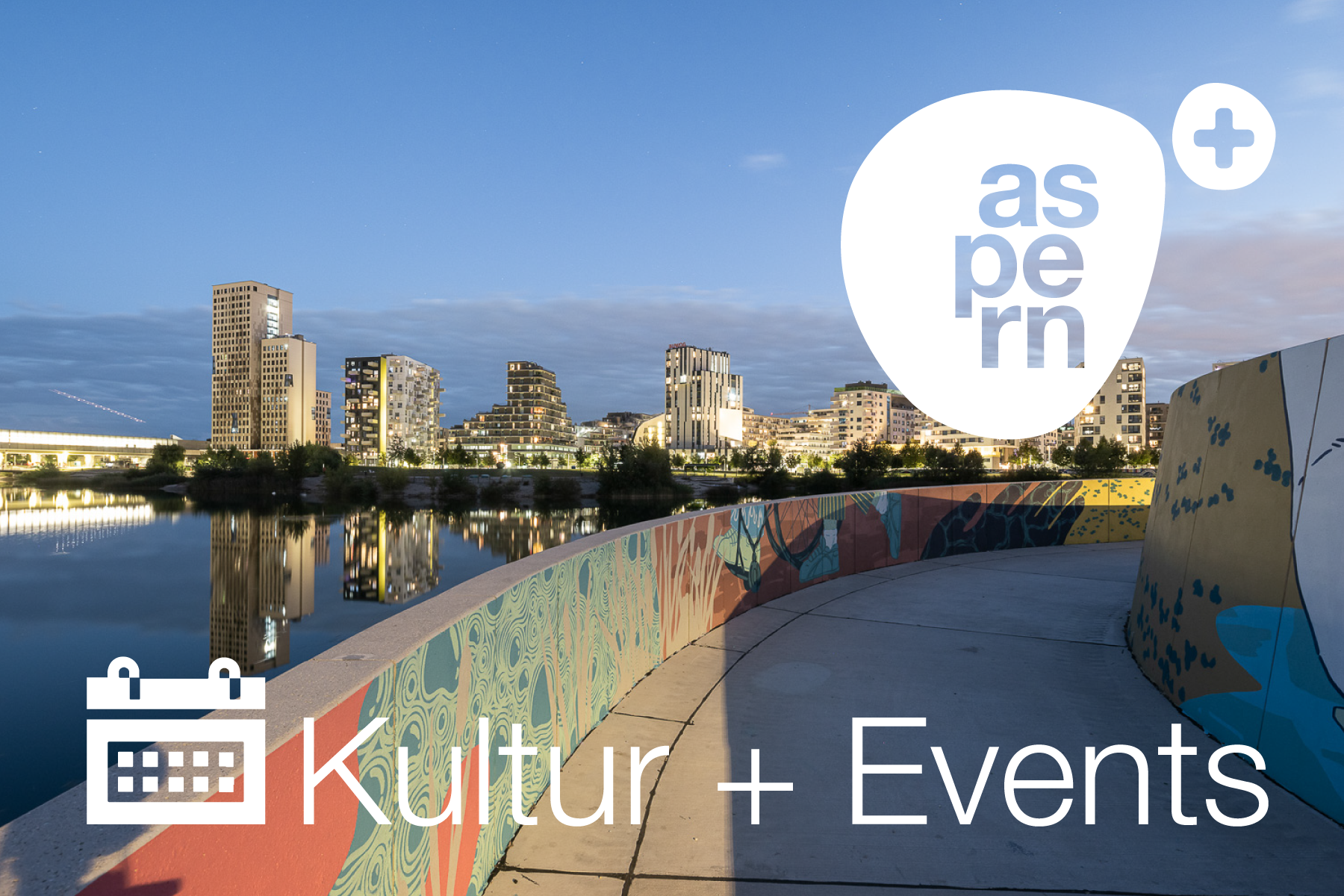 Mural, See und die abendliche Skyline von aspern Seestadt