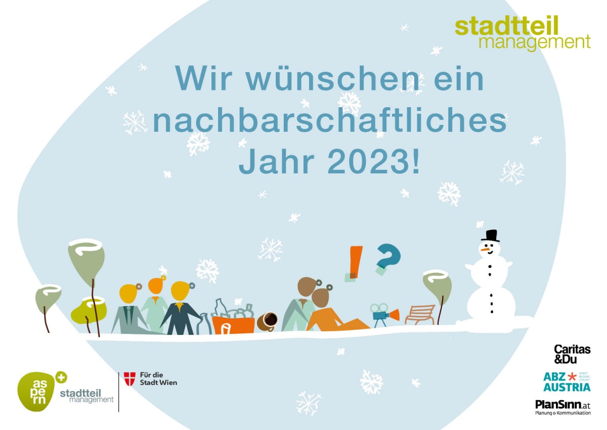 Grußkarte mit Neujahrswünschen: Grafik mit Strichfiguren und einem Schneemann