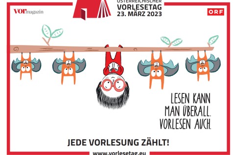 Werbeplakat des Wiener Vorlesetages mit dem Text: Vorlesen kann man überall. Zuhören auch.