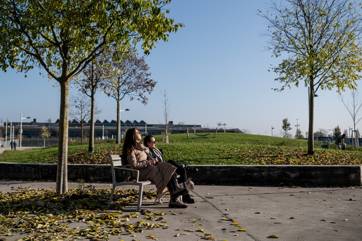 Zwei Frauen sitzen auf einer Bank, die im öffentlichen Raum der Seestadt steht. Im Hintergrund ist der Hannah-Arendt-Park zu sehen. Die Sonne strahl.